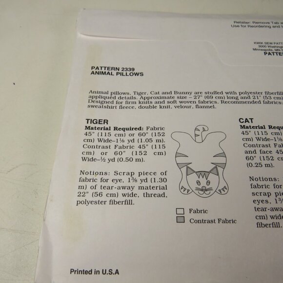 Kwik Sew 2339 Sewing Pattern NEW UNOPENED Pet Pillow Cat, Bunny Rabbit, Tiger - Picture 6 of 6